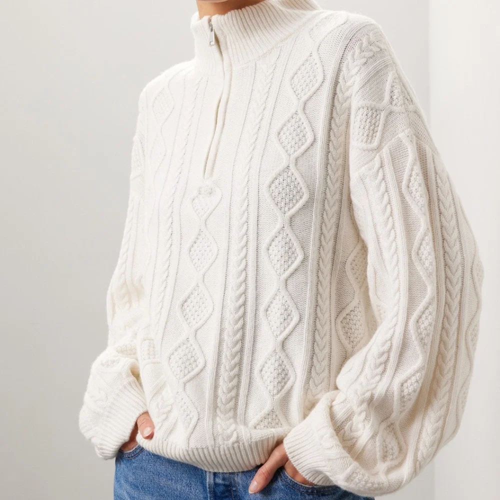 Splendid Dakota Half Zip Cable Knit Sweater in Cream, XS - Picture 3 of 9